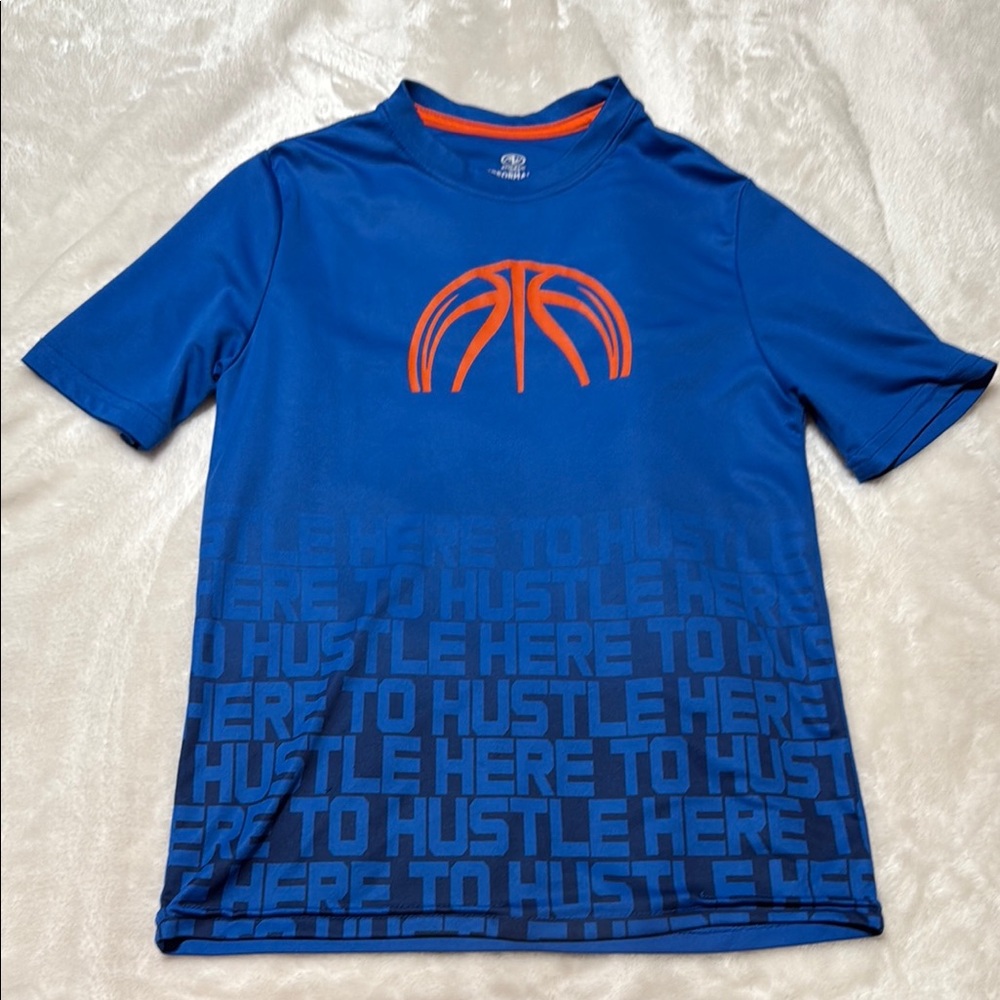 Blue and Orange Short Sleeve Tee with Basketball Design